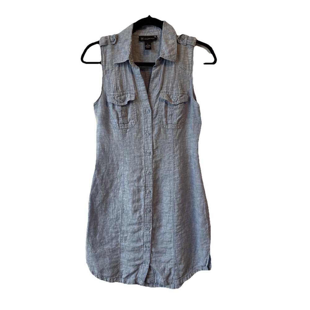 INC 100% Linen Sleeveless Button Up Collared Shirt Dress Womens 0 Boho Chic Blue